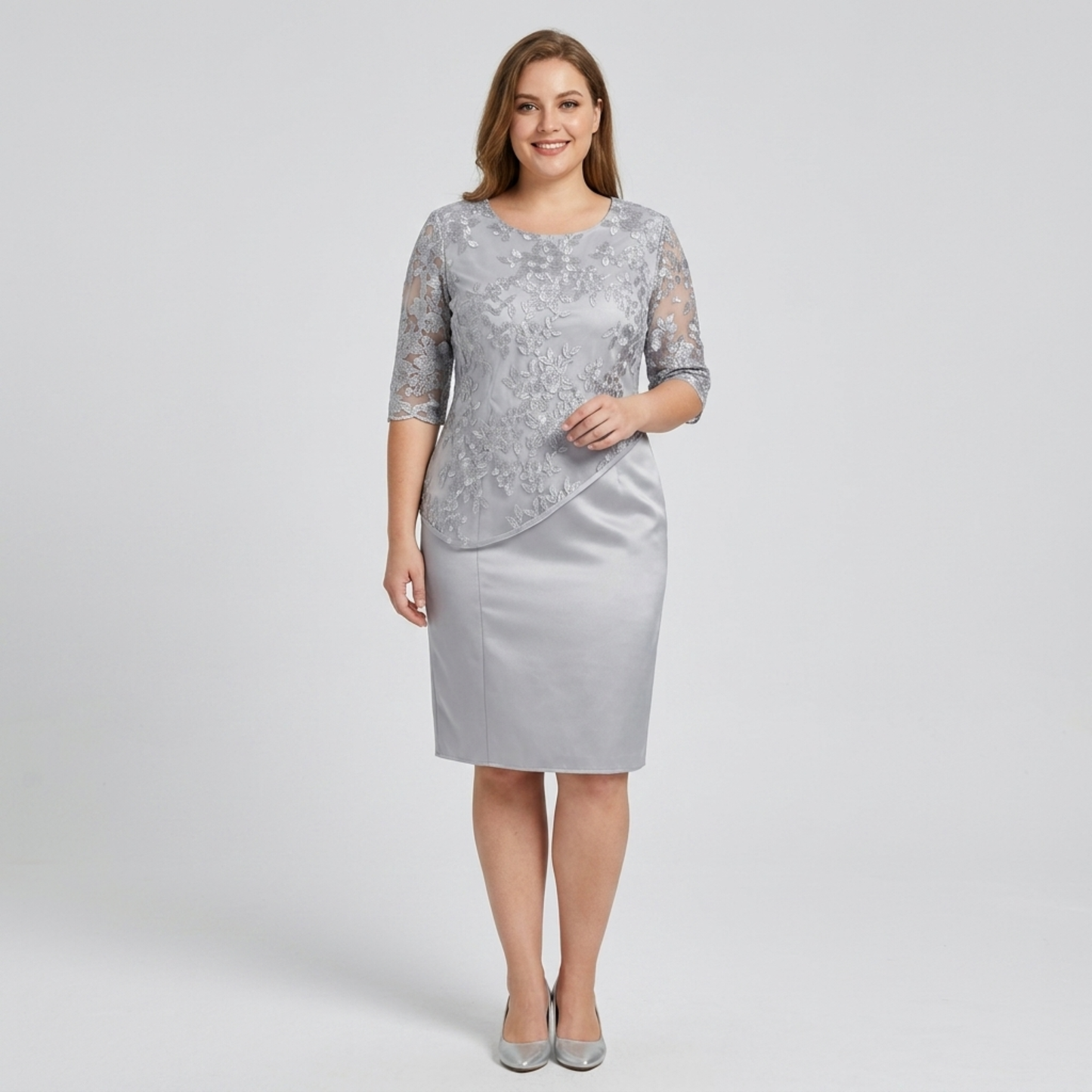 Plus size midi dress for women with lace embroidery