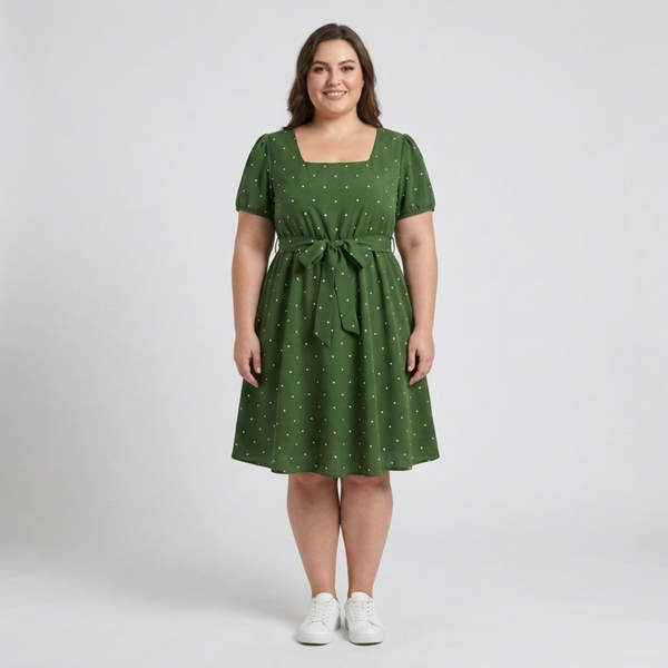 Plus Size Polka Dot Skater Dress for Women with Square Neck and Puff Sleeves