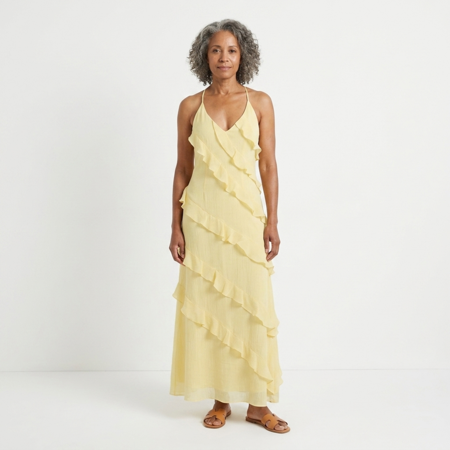Women's tiered long dress — V halter neck for evening and party — vacation
