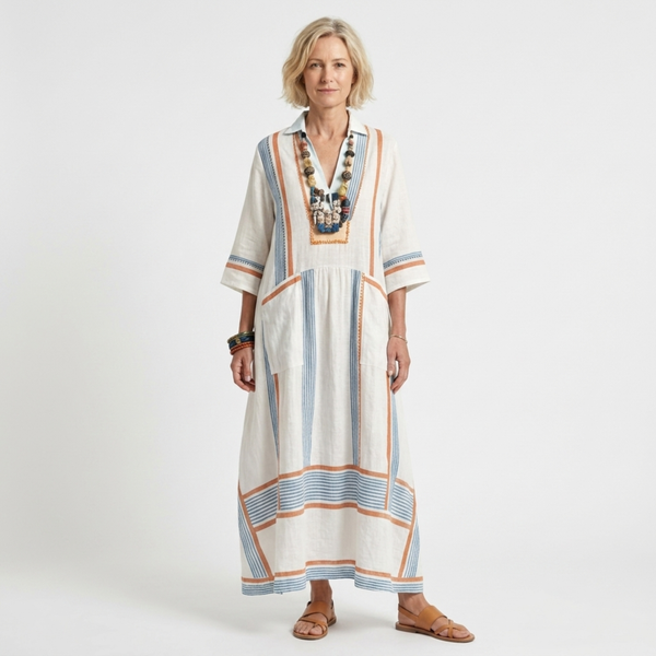 Striped kimono caftan dress — flared cut — beach vacation