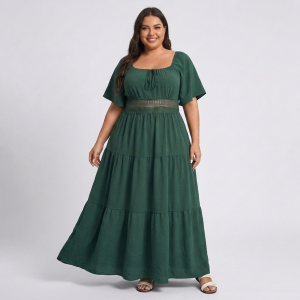 Plus Size Long Printed Country-Style Dress with Square Neck and Butterfly Sleeves
