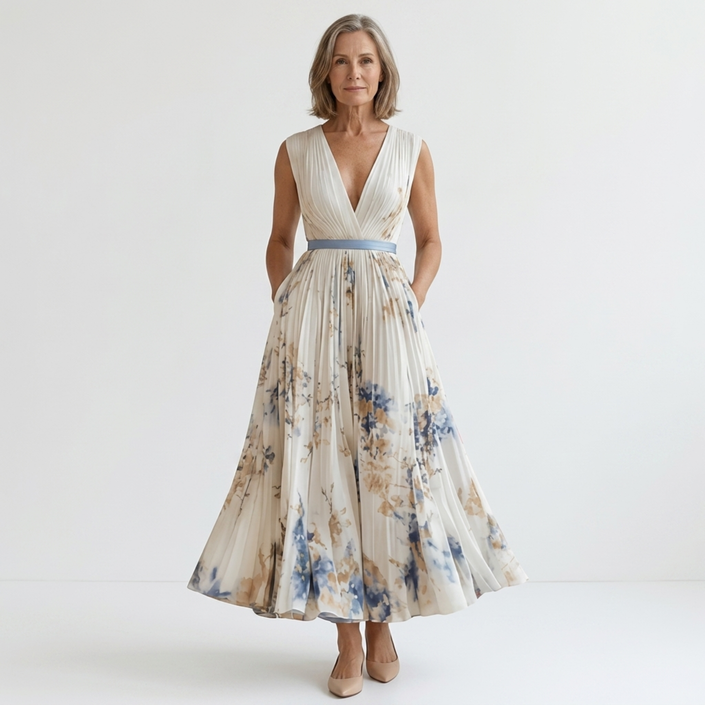 Mid-length floral dress — V-neck and pleated skirt with pockets — vacation
