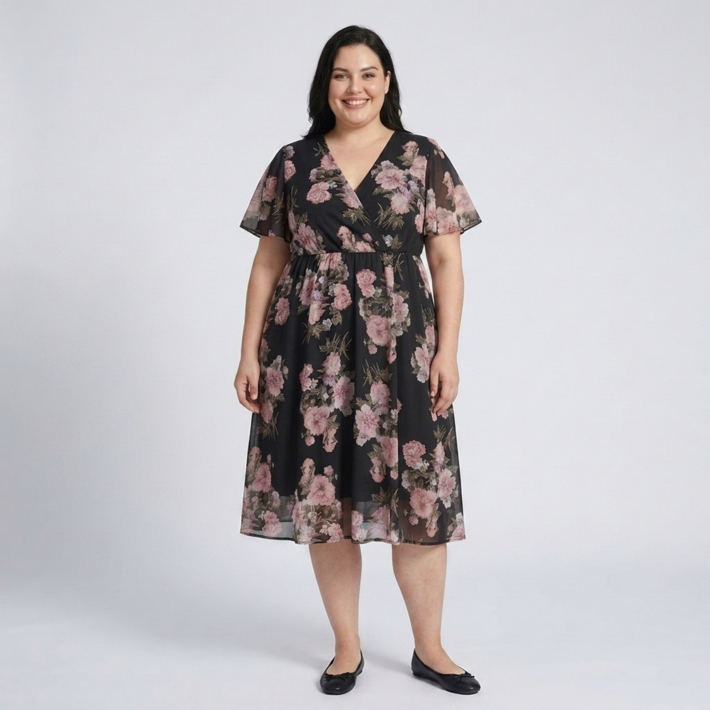 Plus size mid-length dress for women with a crossover collar and butterfly sleeves