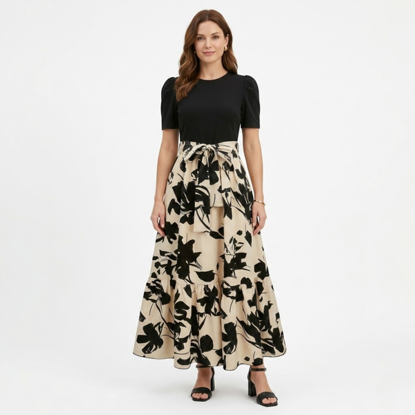 Floral Print Long A-Line Dress with Belt and Puff Sleeves