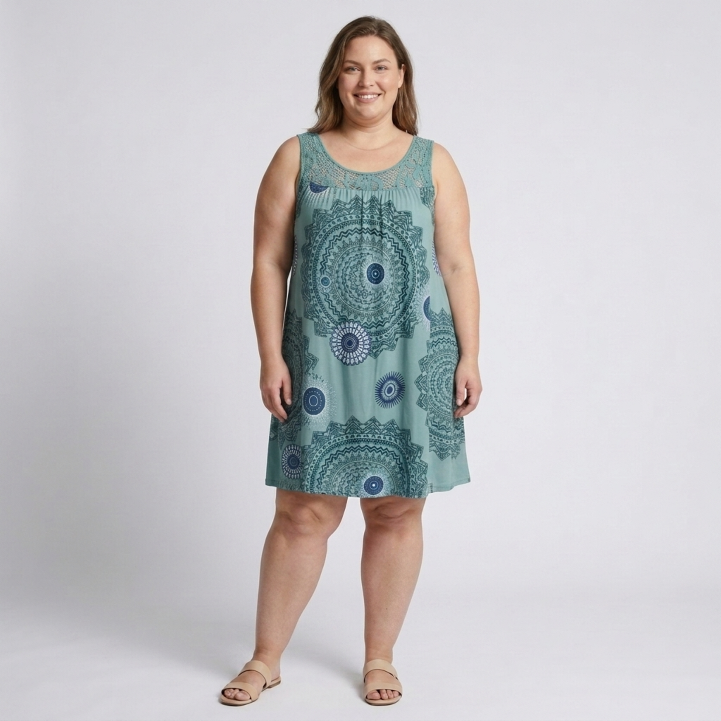 Plus Size Women's Summer Dress in Vintage Printed Cotton with Lace Details