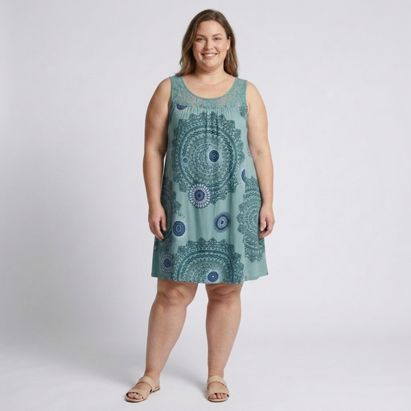 Plus Size Women's Summer Dress in Vintage Printed Cotton with Lace Details