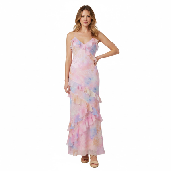 Long Floral Ruffle Dress with V-Neck and Thin Straps