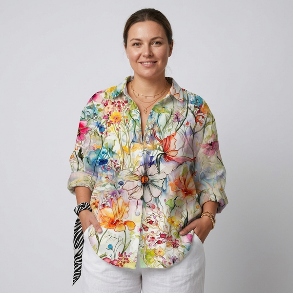 Plus size floral print long sleeve blouse for women