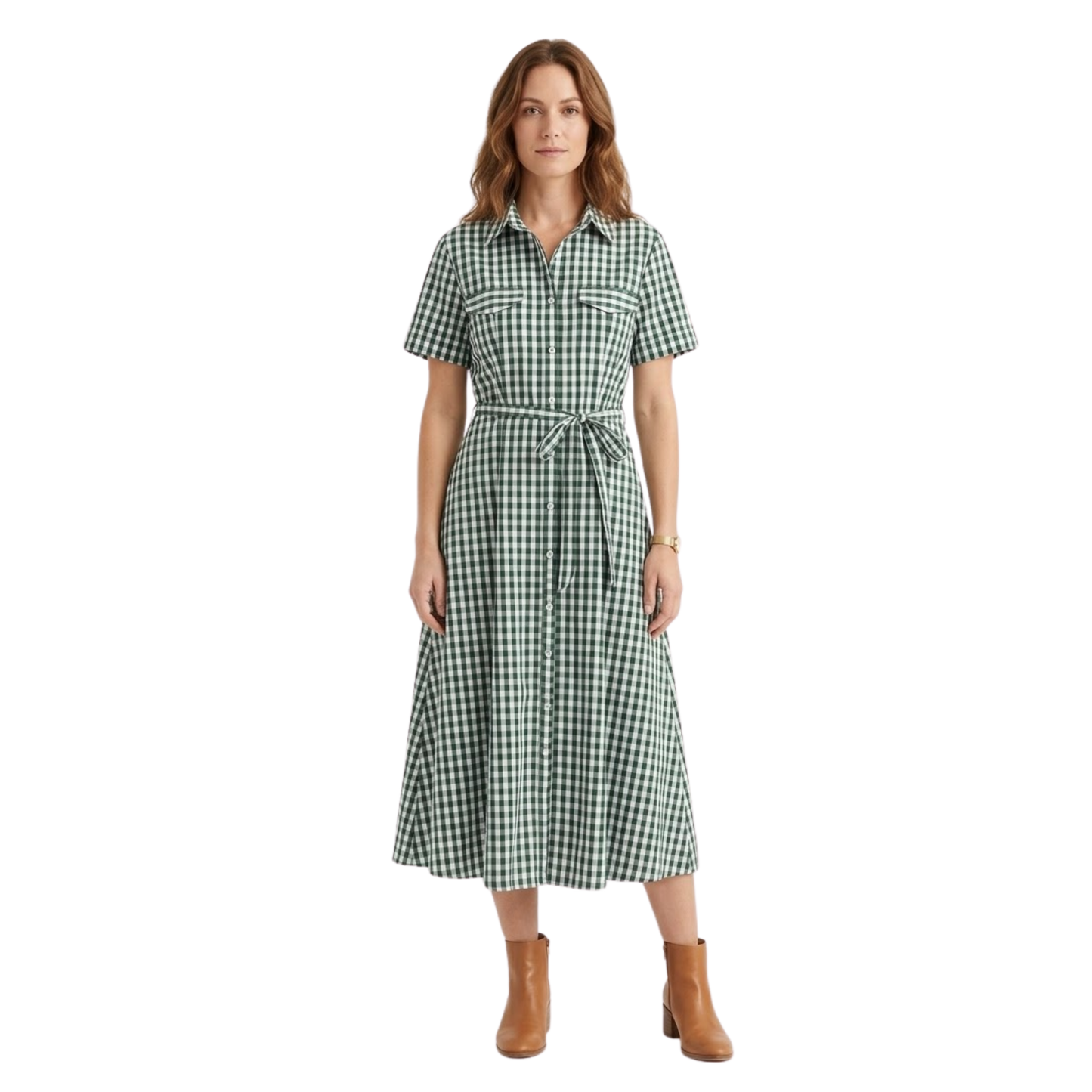 Long Plaid Shirt Dress for Women with Classic Collar and Short Sleeves