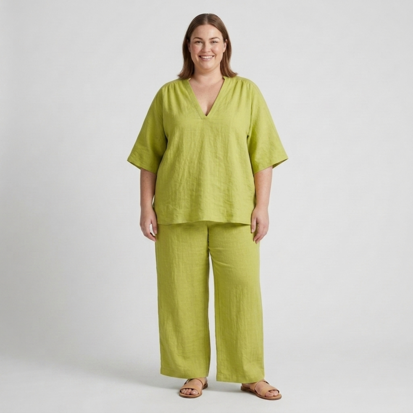Plus size two-piece set for women with loose V-neck top and flowy pants