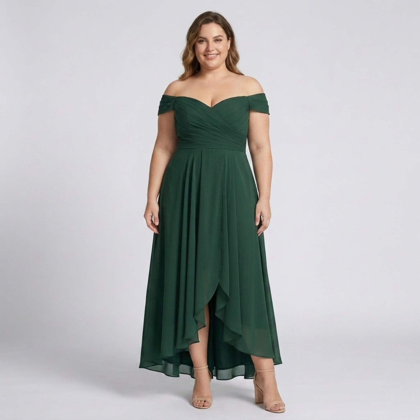 Plus Size Women's Long Evening Dress for Ceremony with Slit and Off-the-Shoulder Design