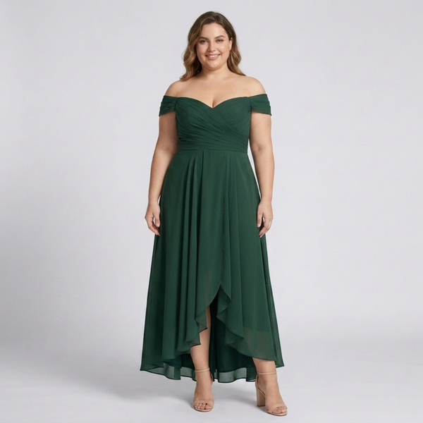 Plus Size Women's Long Evening Dress for Ceremony with Slit and Off-the-Shoulder Design