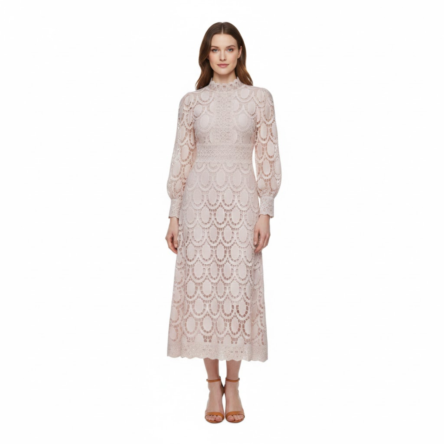 Long Lace Dress with Puff Sleeves and High Collar