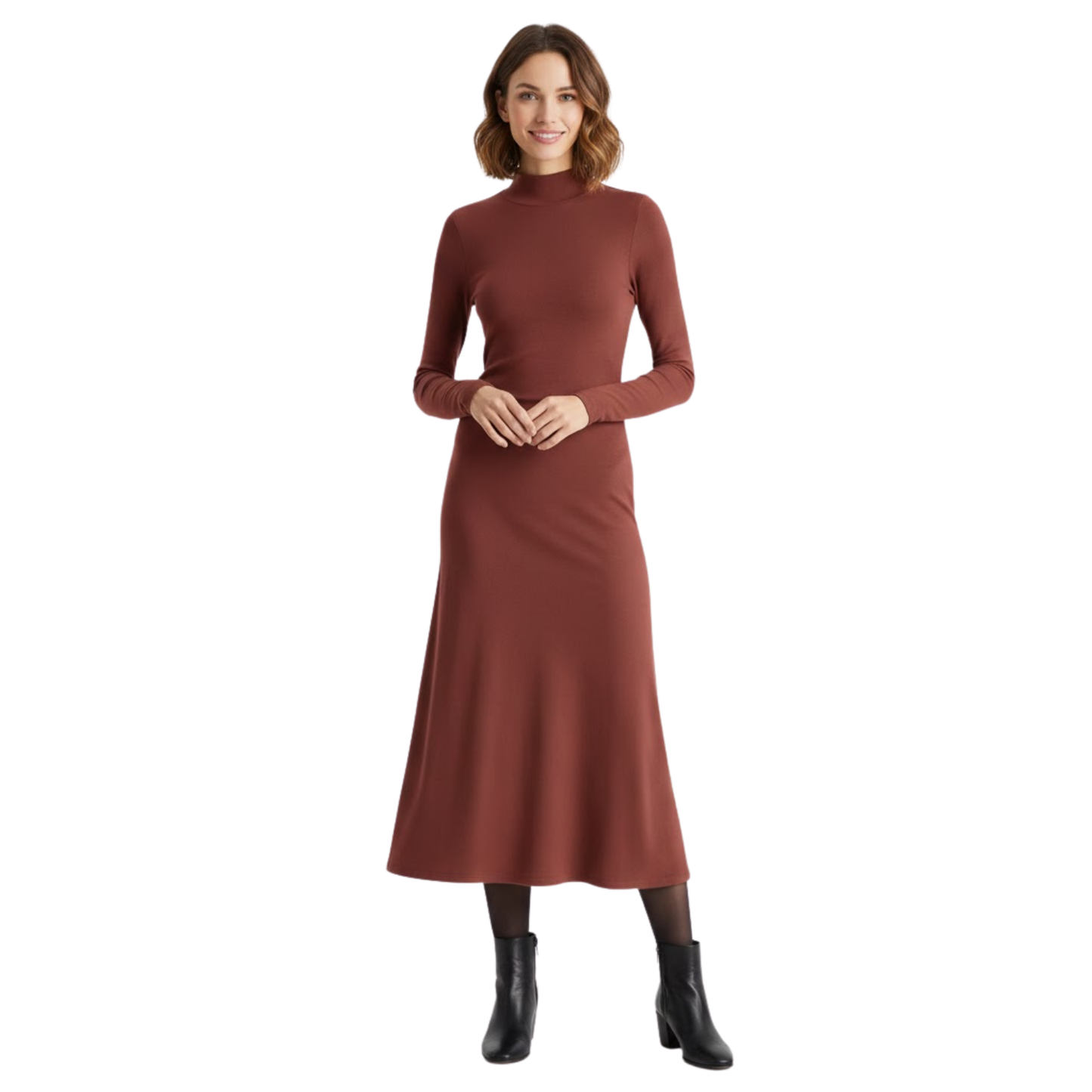 Fitted long dress with long sleeves and high turtleneck collar