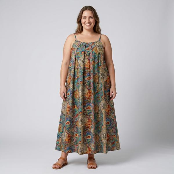 Plus size long dress for women with paisley print straps