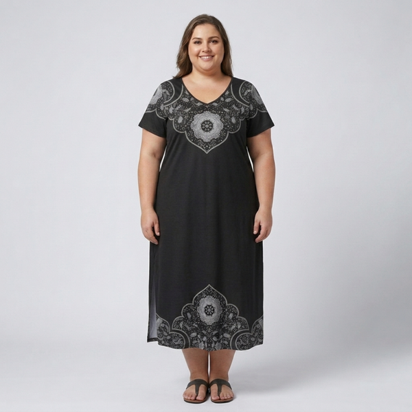 Plus size long dress for women with printed V-neck collar