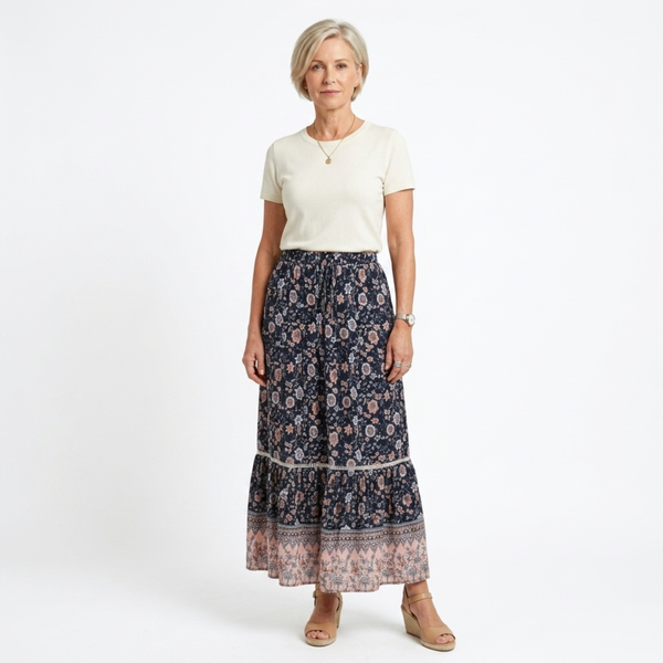 Long Floral Maxi Skirt — High Waist with Drawstrings — Beach Outfit
