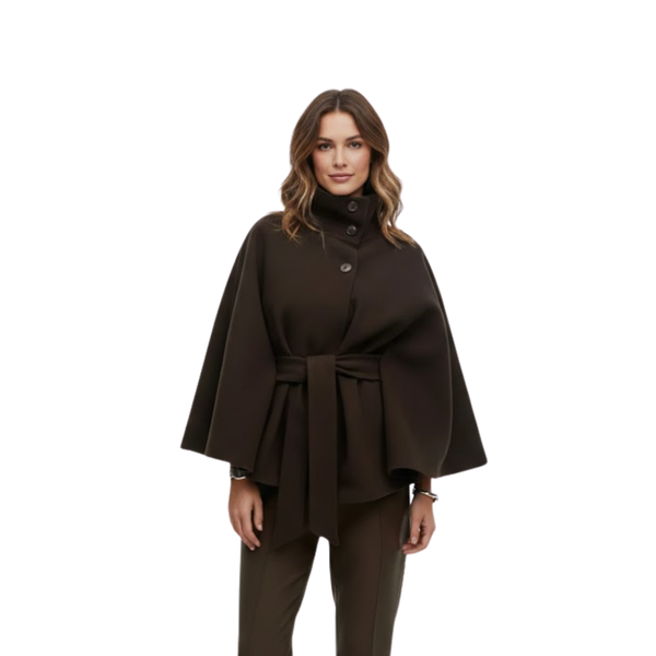 Structured cape coat with belt and standing collar