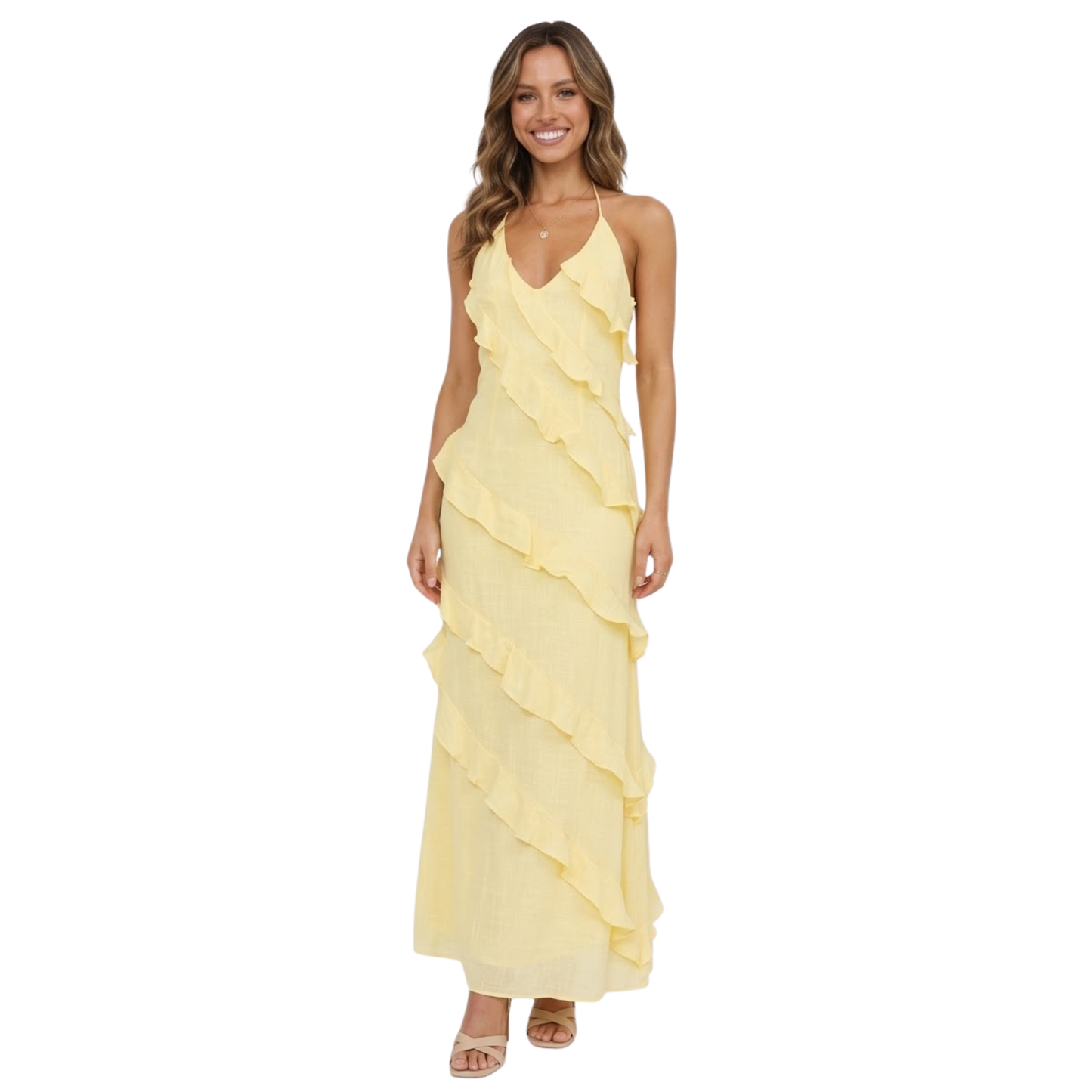 Long Ruffled Dress with V-Neck and Spaghetti Straps in Polyester