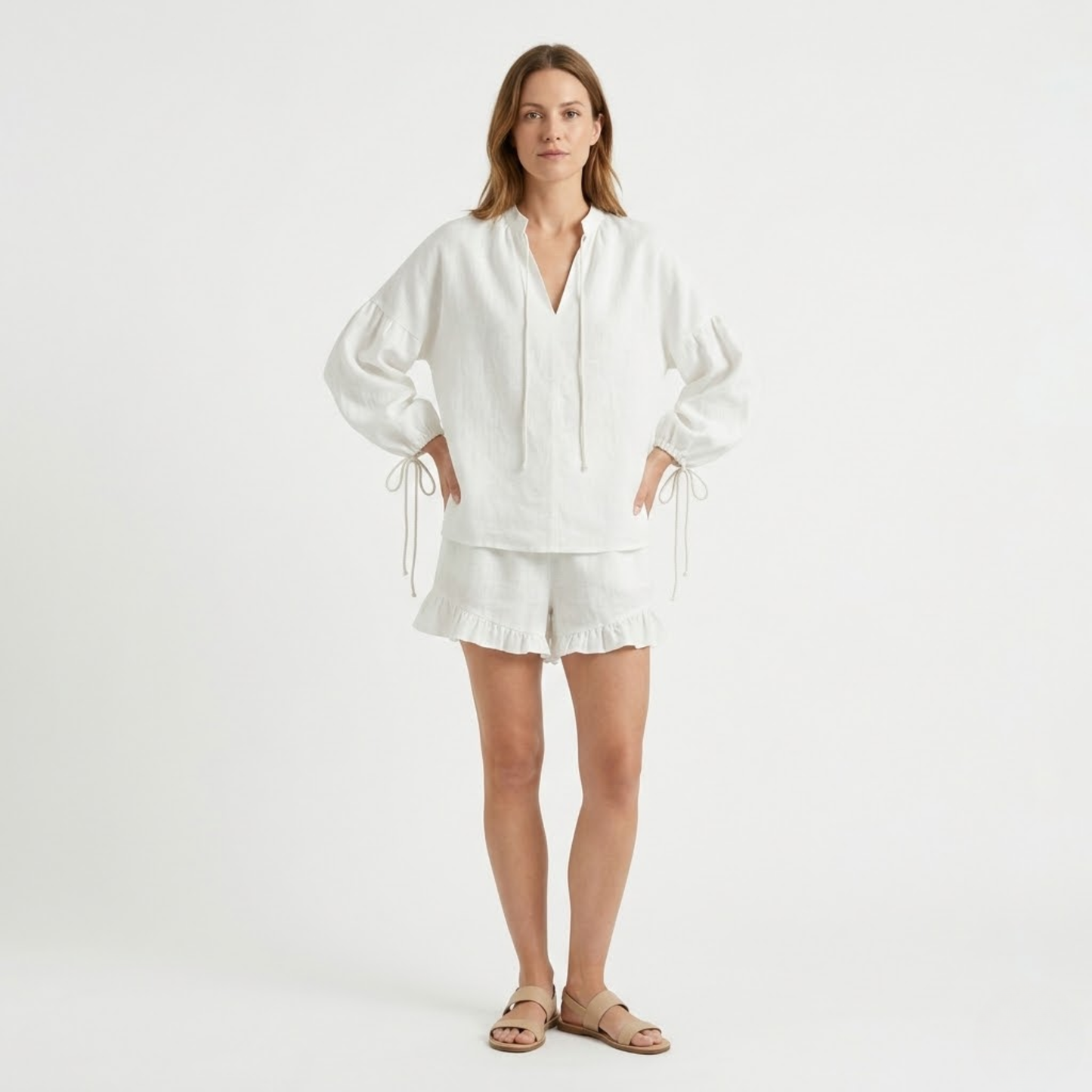 Women's Two-Piece Set with Long-Sleeve Blouse and Ruffled Shorts