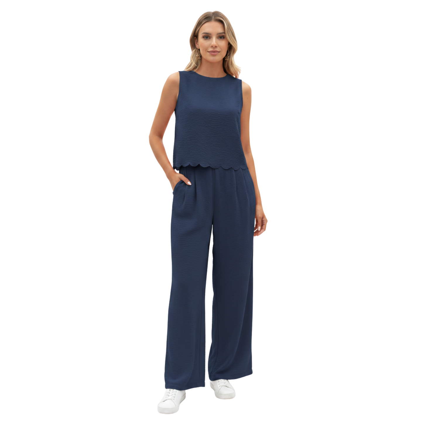 Two-piece women's set: sleeveless top with scalloped edge and wide ankle-length pants