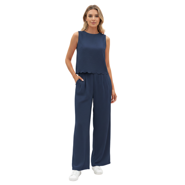 Two-piece women's set: sleeveless top with scalloped edge and wide ankle-length pants