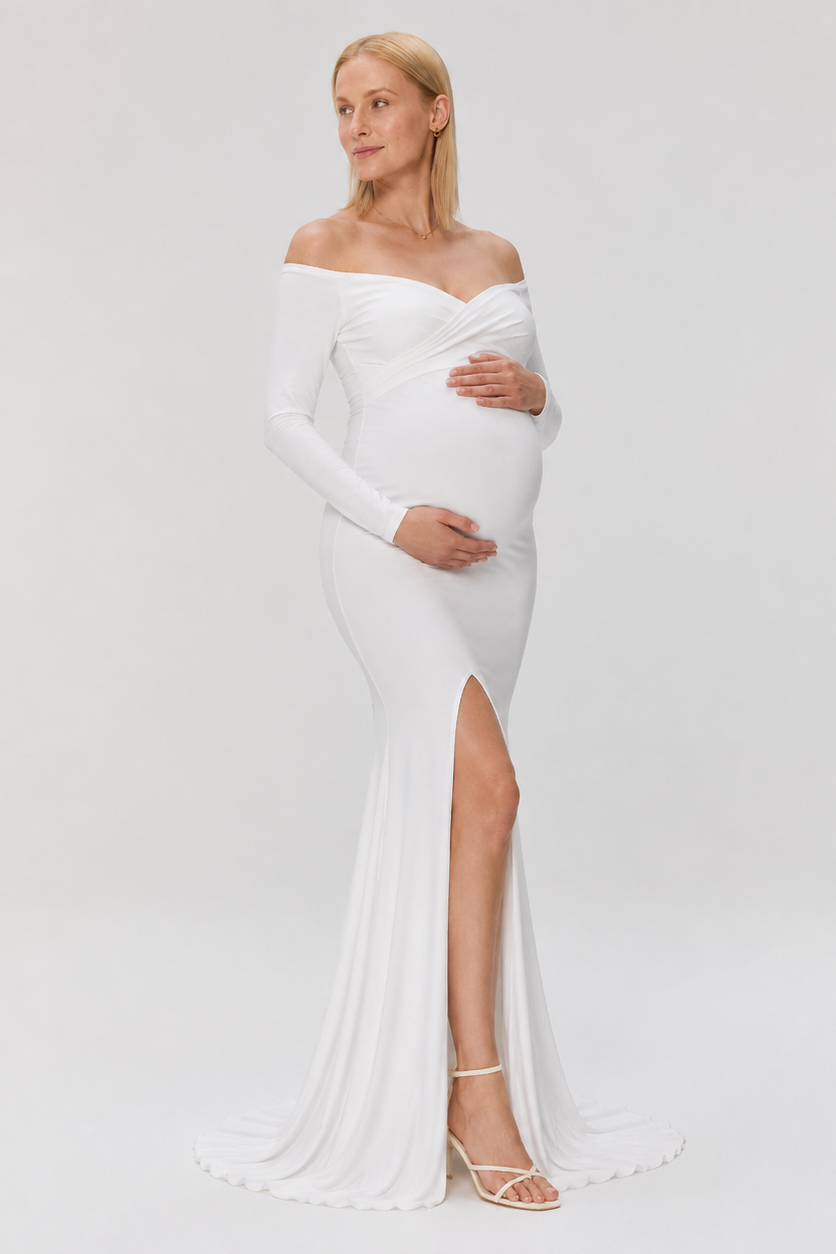 Long Cotton Maternity Dress with Off-Shoulder Shoulder Pads