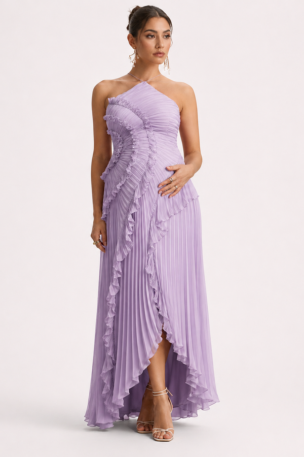 Long Pleated Maternity Dress with Open Back