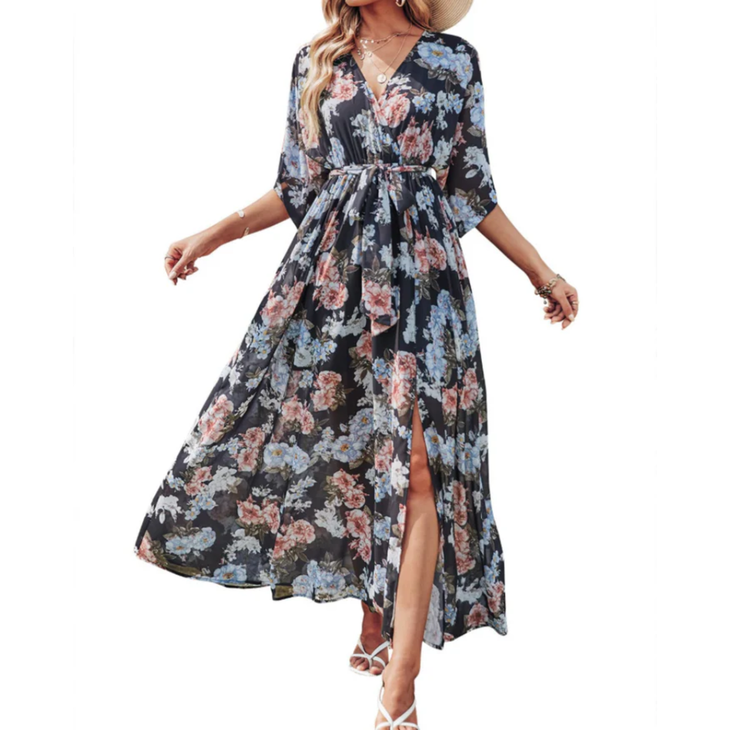 Floral maxi kimono dress — bohemian style — summer vacation
