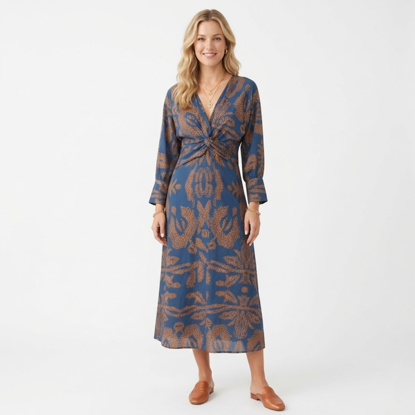 Long-Sleeve Midi Dress with Front Bow and Print for Women