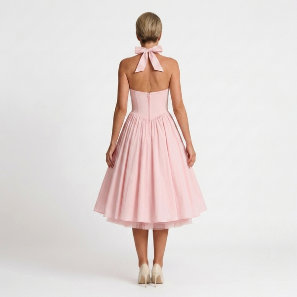 Women's midi halter dress — backless and full skirt — wedding and ceremony