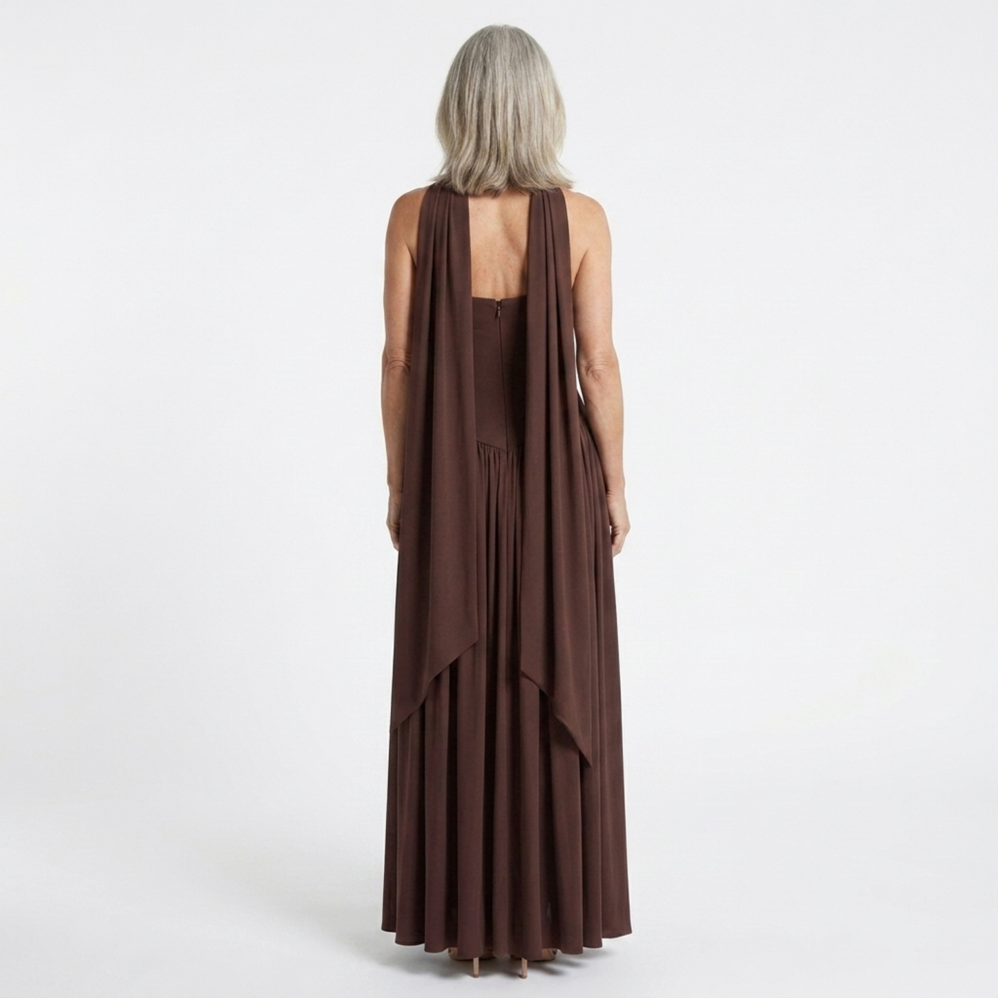Long evening gown — scarf neckline and pleated slit skirt | ceremony