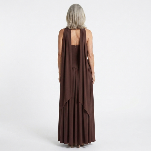 Long evening gown — scarf neckline and pleated slit skirt | ceremony