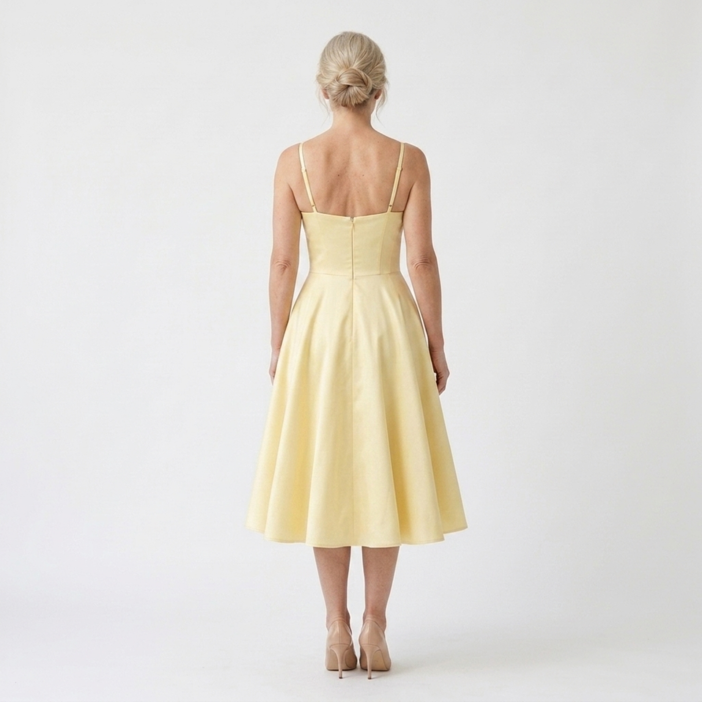 Mid-length day dress — stretch cotton and full skirt with pockets
