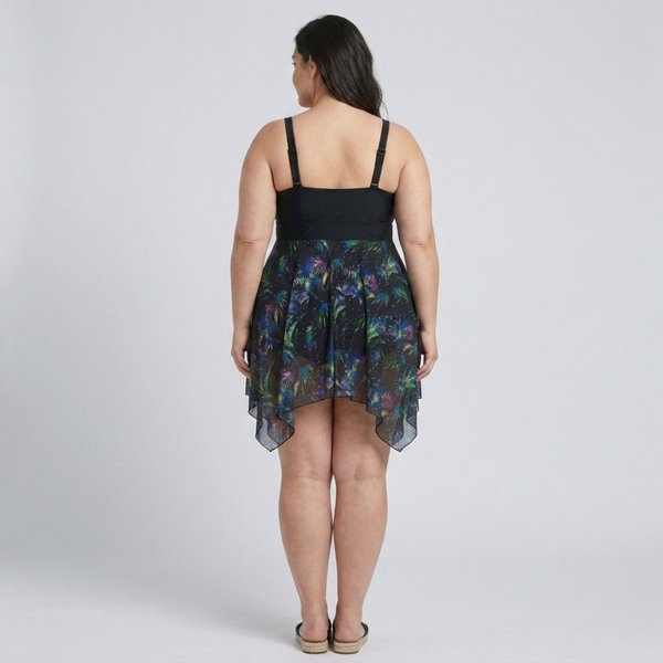 Plus Size Women's Swimsuit Dress with Printed Integrated Skirt