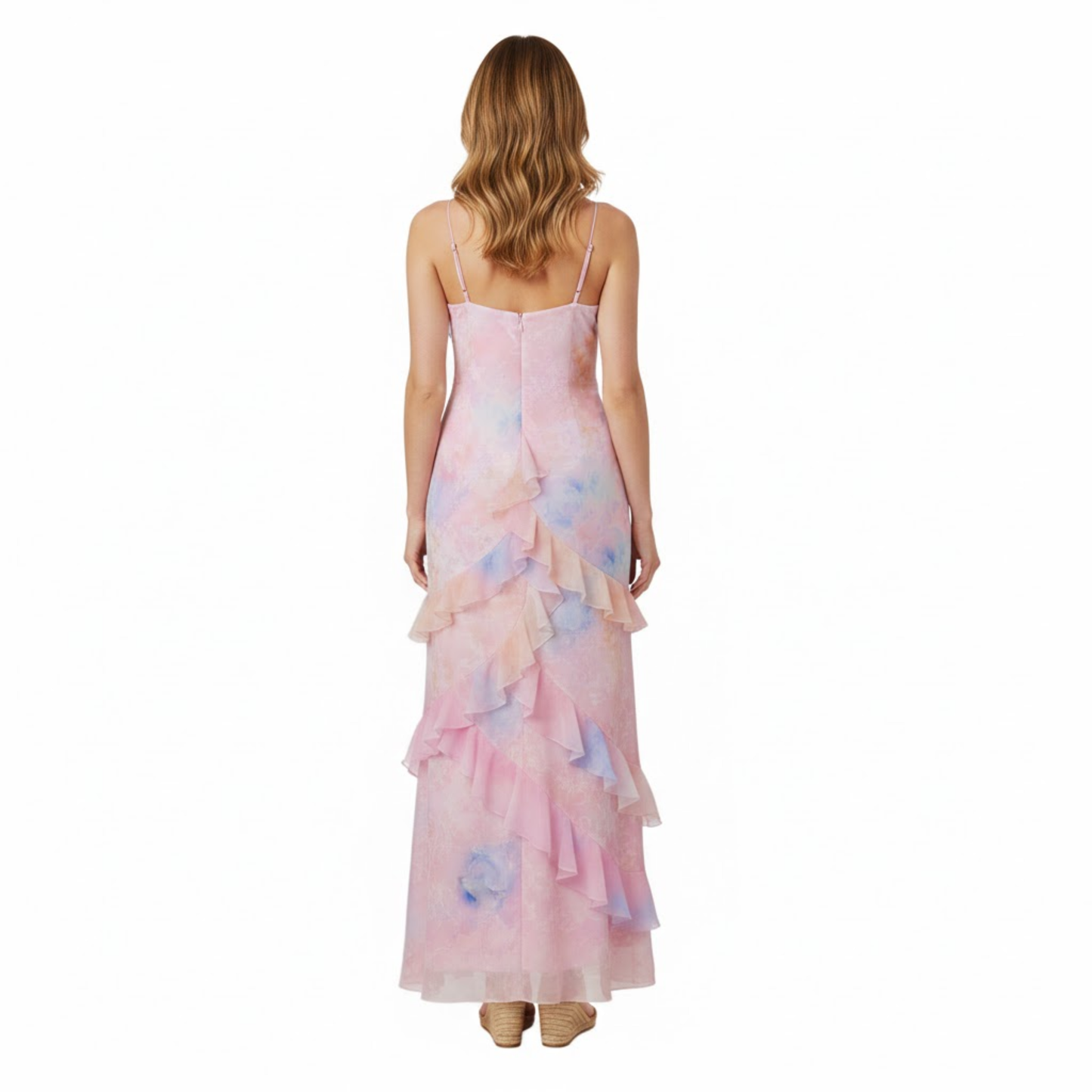Long Floral Ruffle Dress with V-Neck and Thin Straps