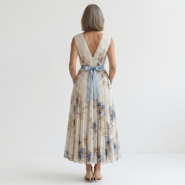 Mid-length floral dress — V-neck and pleated skirt with pockets — vacation