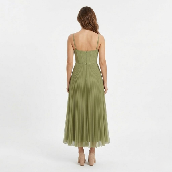 Pleated Long Evening Dress with Strappy Bustier and Back Zipper Closure