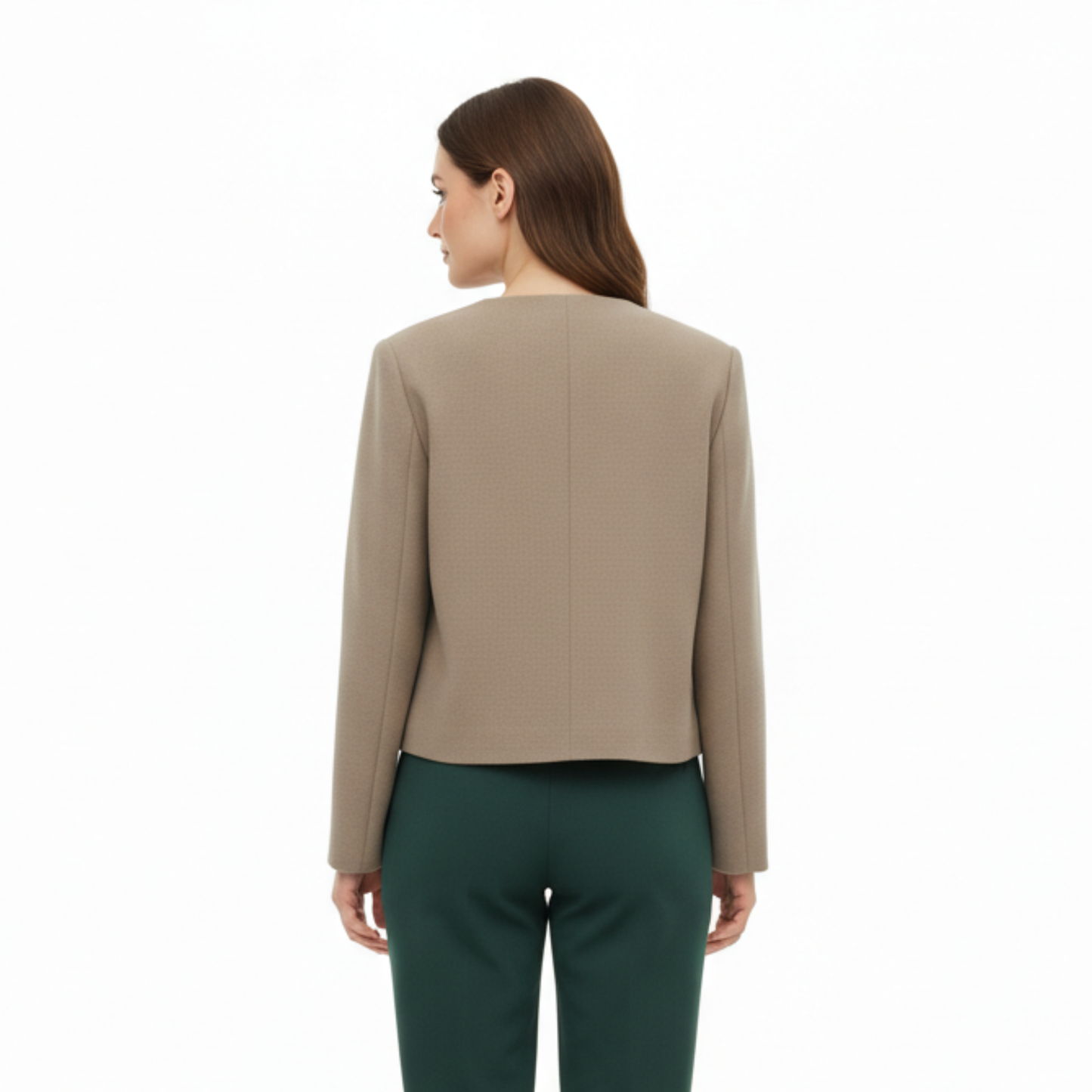 Polyester Round Neck Jacket with Gold Buttons and Pockets for Women