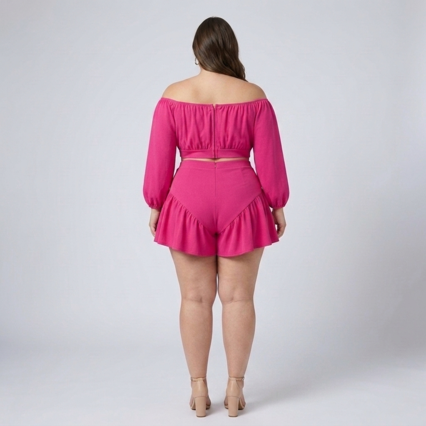 Plus size off-shoulder top and ruffled shorts set