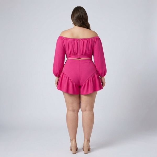 Plus size off-shoulder top and ruffled shorts set