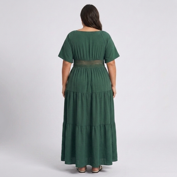 Plus Size Long Printed Country-Style Dress with Square Neck and Butterfly Sleeves