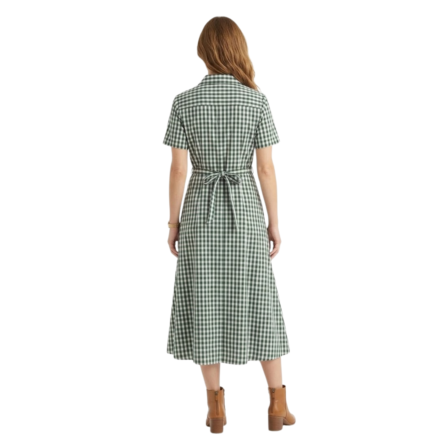 Long Plaid Shirt Dress for Women with Classic Collar and Short Sleeves