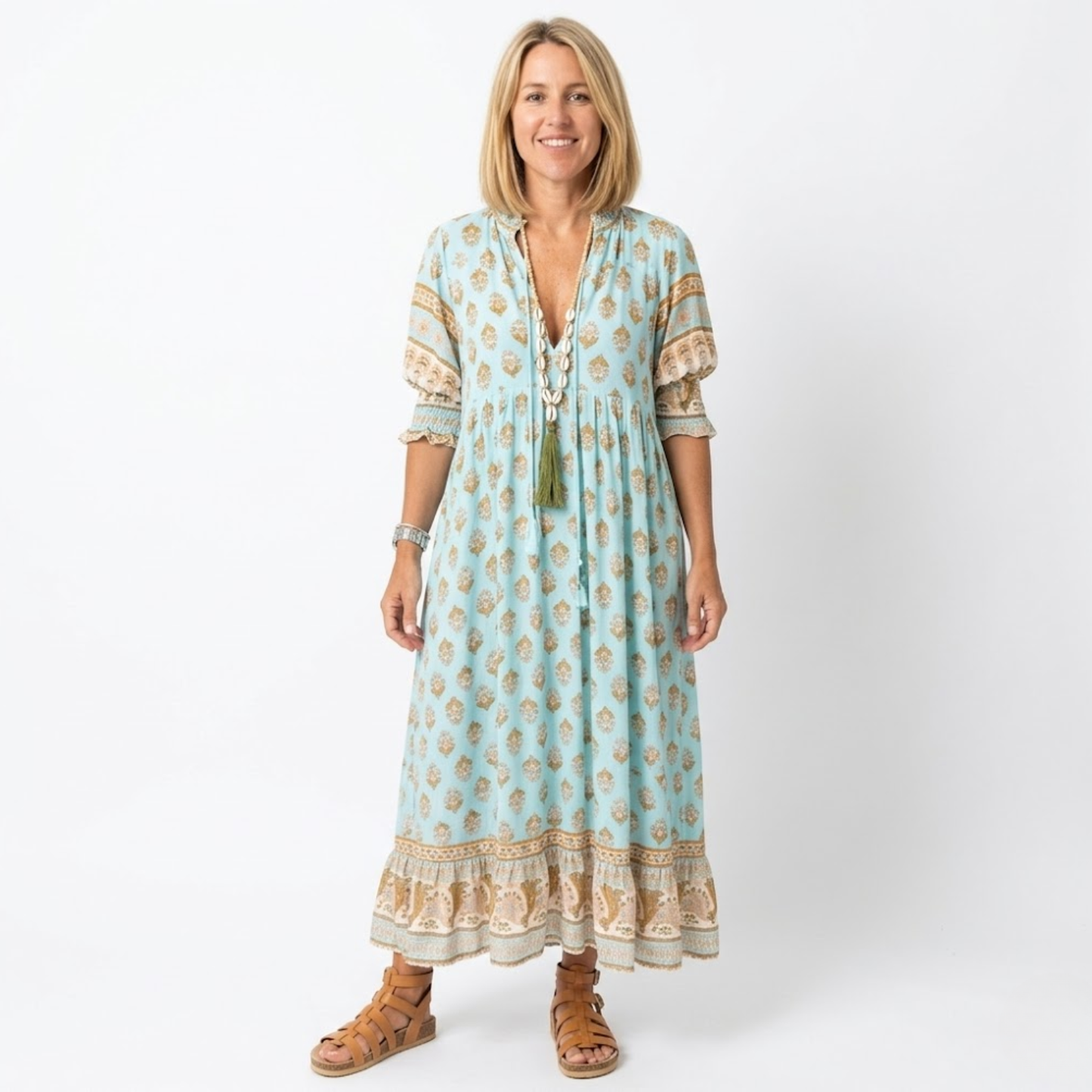 Boho Style Midi Dress for Women with Floral Print, V-Neck, and Lantern Sleeves