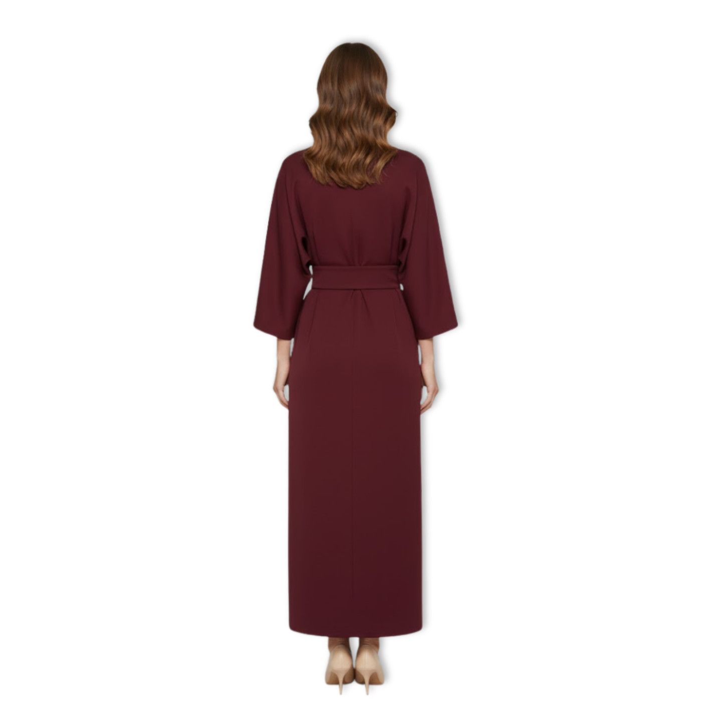 Long women's dress with batwing sleeves and a fitted waist, flowing silhouette
