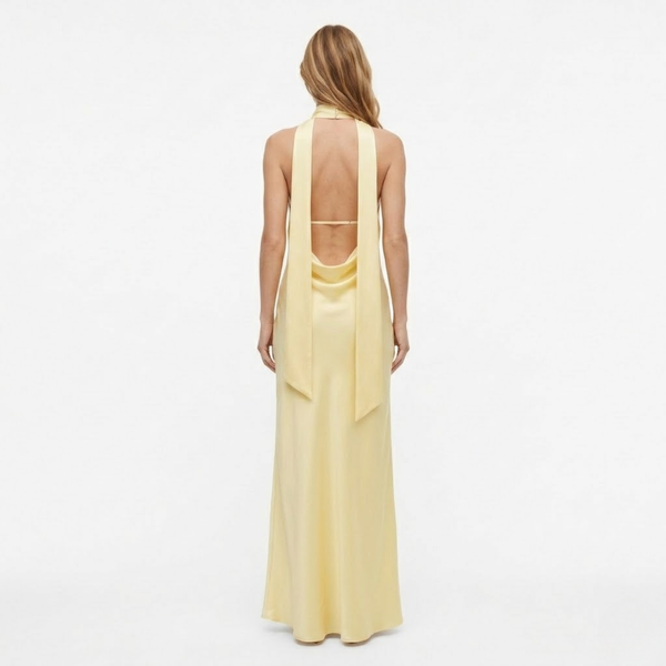 Long Evening Dress in Polyester with Deep V-Neck and Open Back for Women