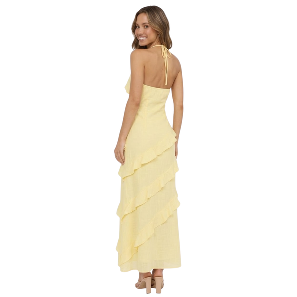 Long Ruffled Dress with V-Neck and Spaghetti Straps in Polyester