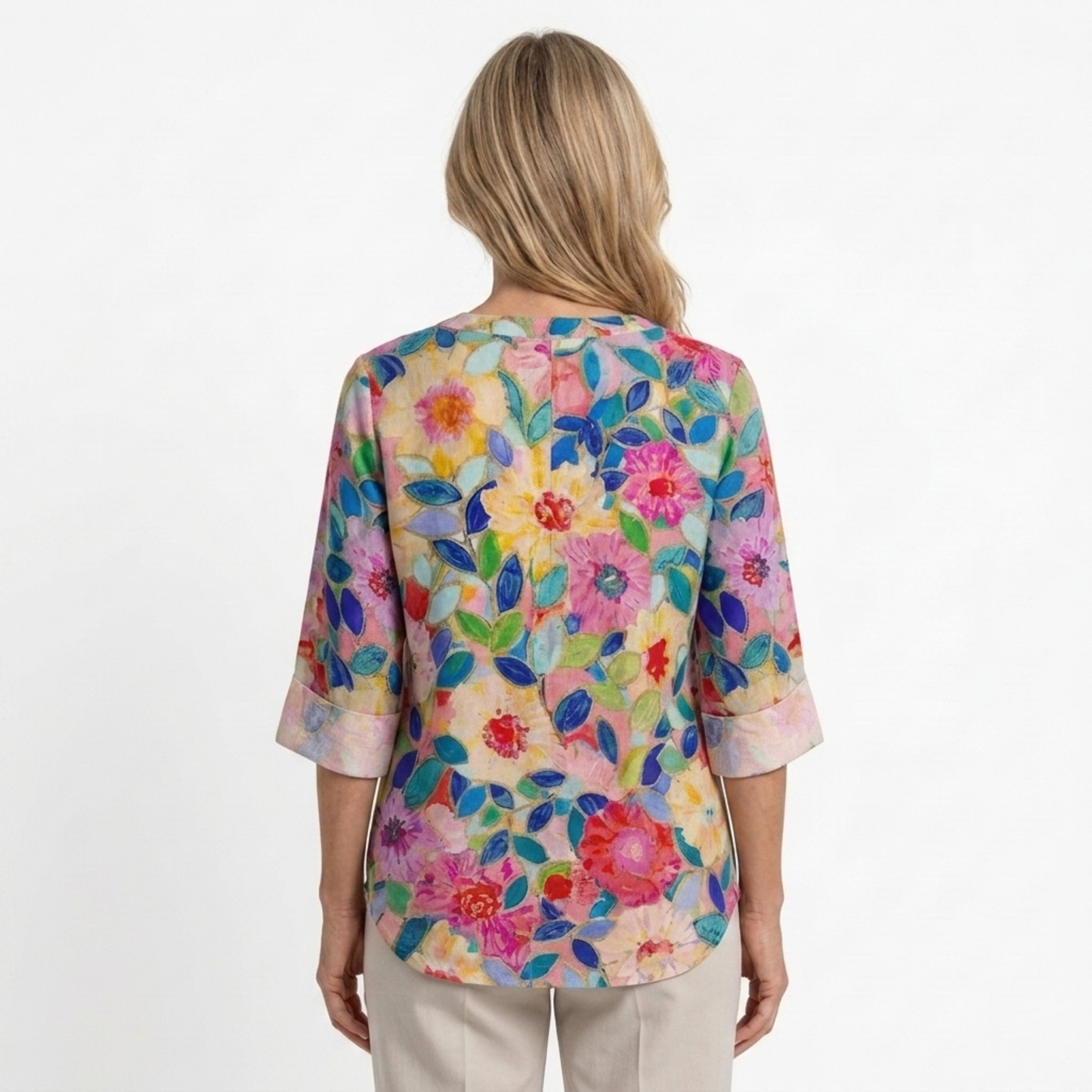 Floral print blouse — three-quarter buttoned sleeves — casual