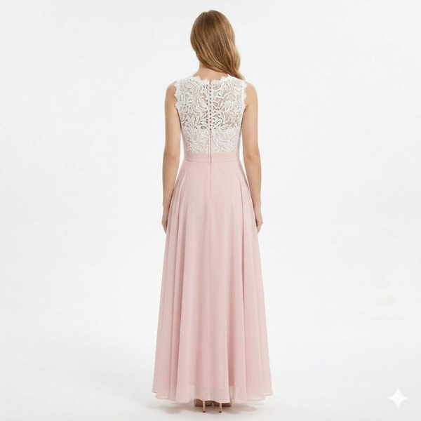 Sleeveless Long Evening Dress in Lace and Chiffon with Crocheted Bodice