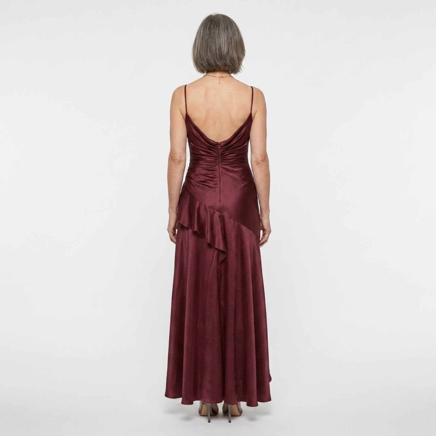 Women's long dress — satin with asymmetrical hem and ruffles | chic evening